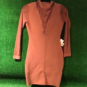 Body con dress with mesh sleeves and high neck NWT